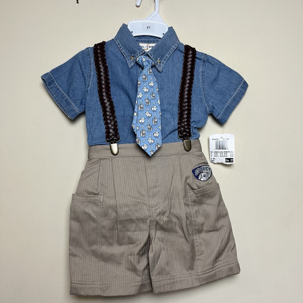 Vintage BT Kids Chambray‎ Shirt Khaki Shorts 4 Pc Outfit Suspenders Dog Tie NWT